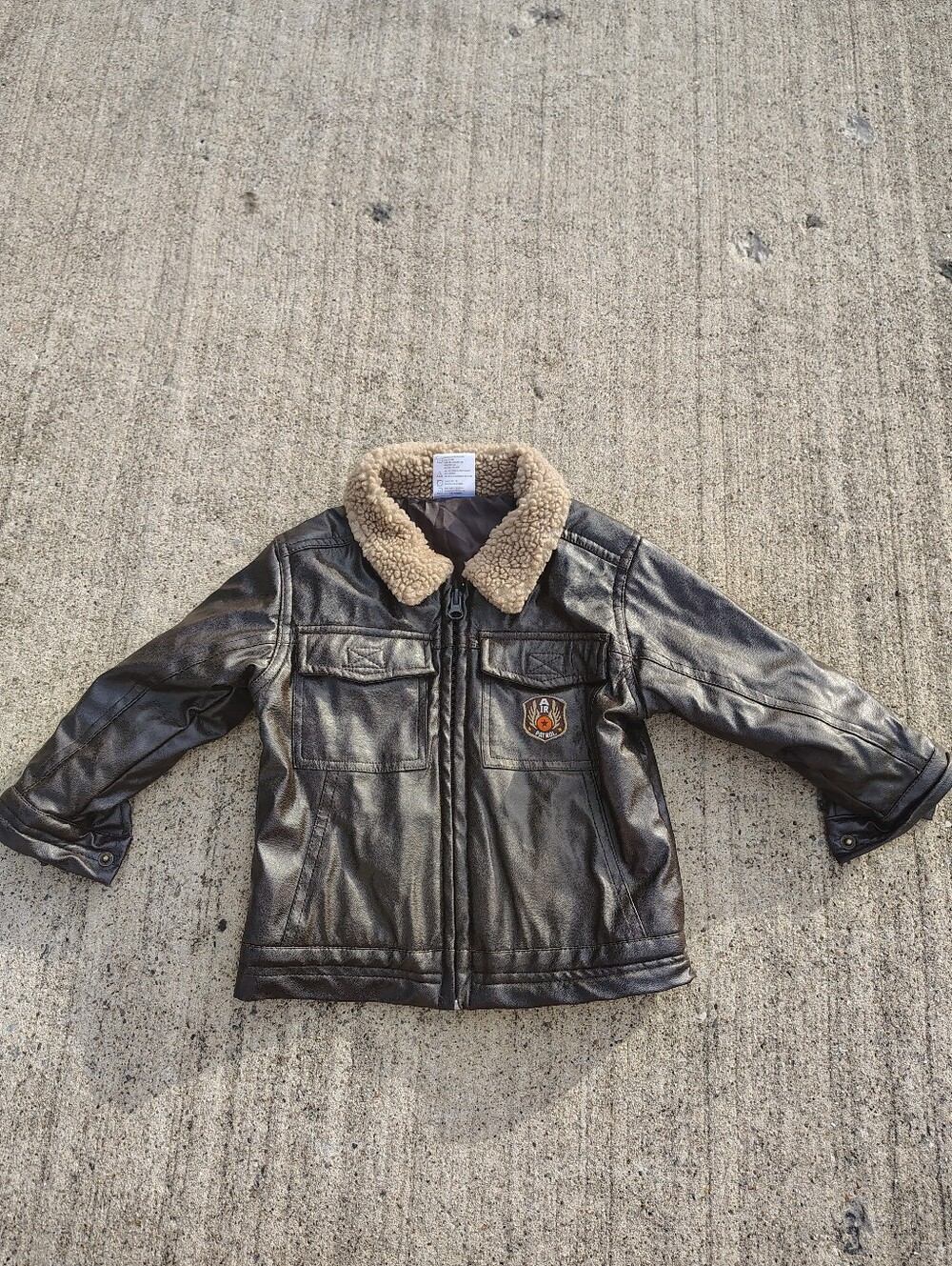 Toddler Boys 2T Faux Leather Aviator Bomber Jacket Sherpa Collar Zip Up Patch